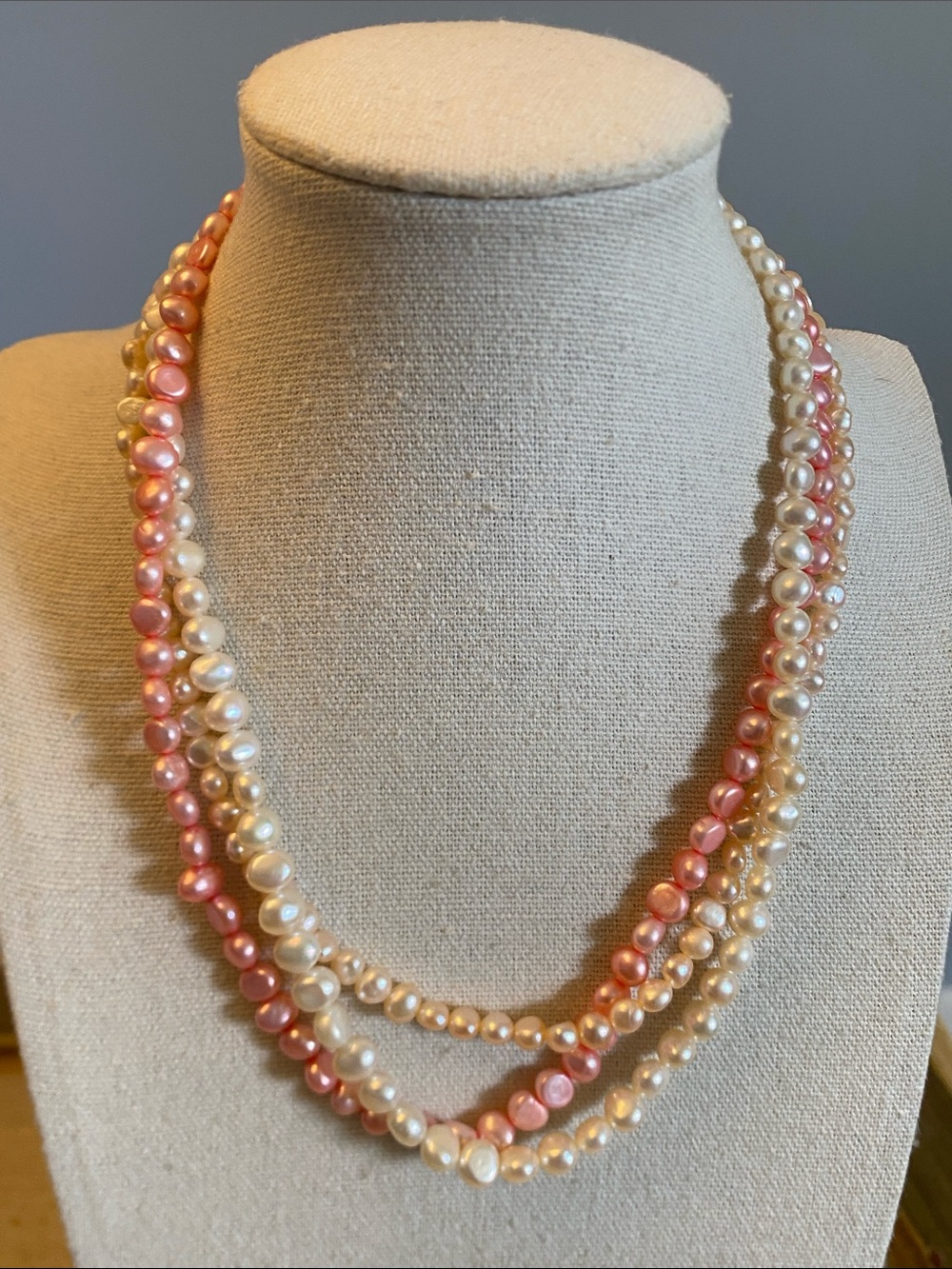 Pink & White Freshwater Pearl Triple Strand Necklace 16”